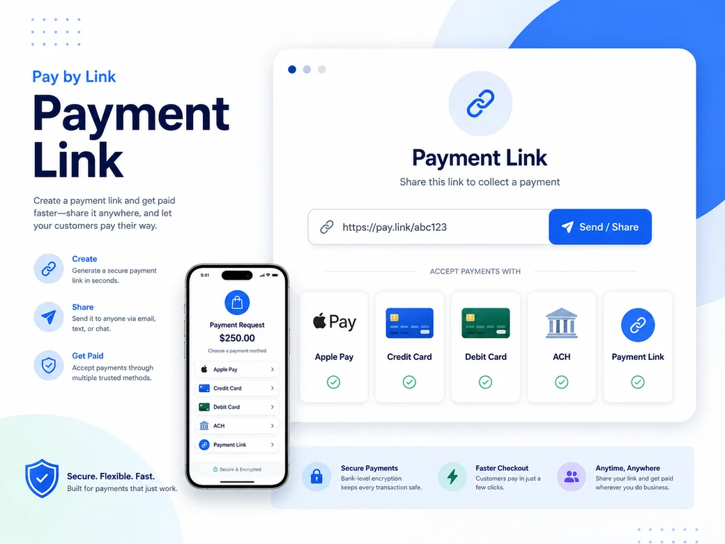 A payment link page showing a shareable payment URL and accepted payment methods: Apple Pay, credit card, debit card, ACH, and payment link.